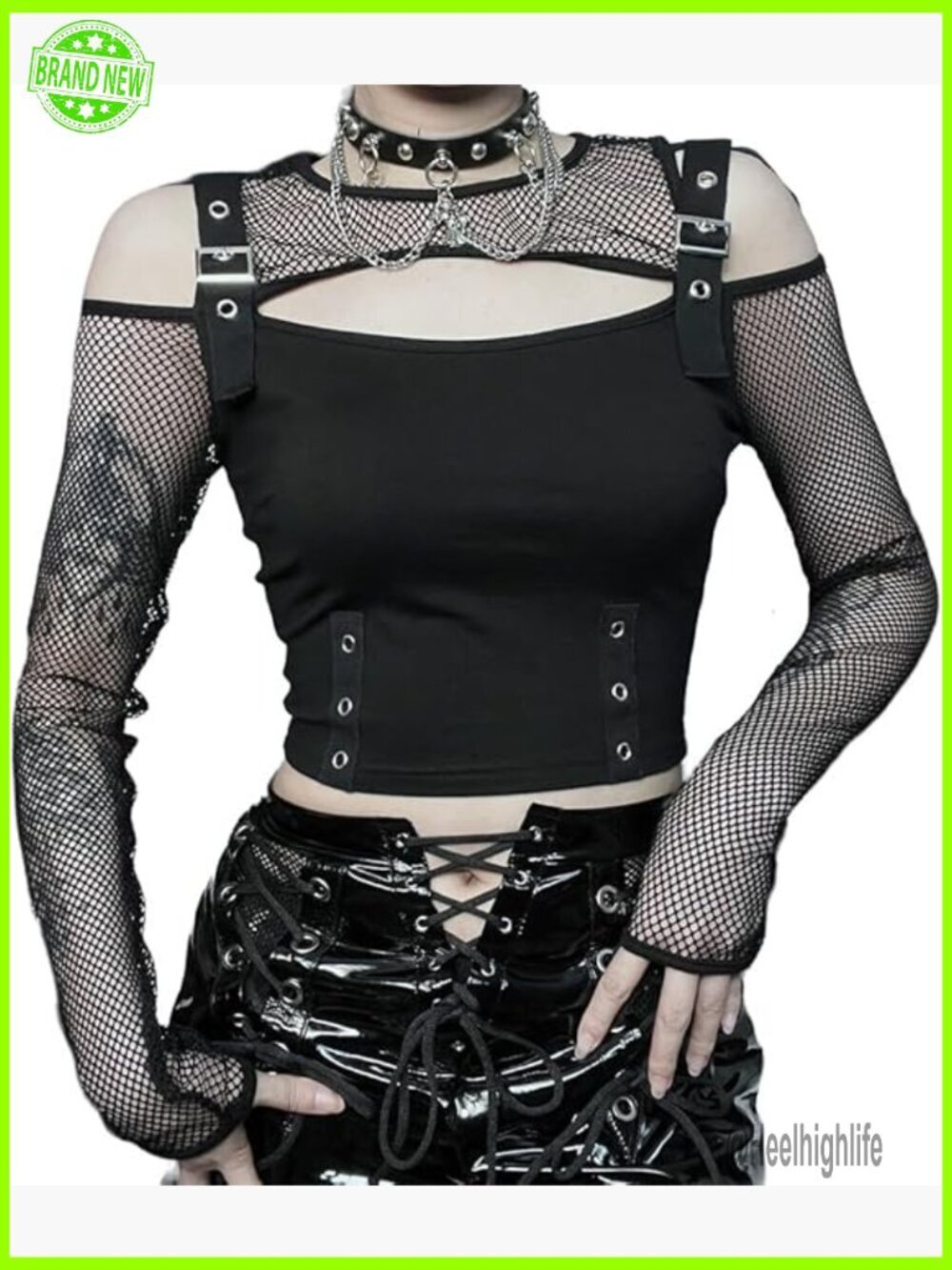 Gothic Fishnet Crop Top Long Sleeve Punk Y2K Emo Tee Streetwear